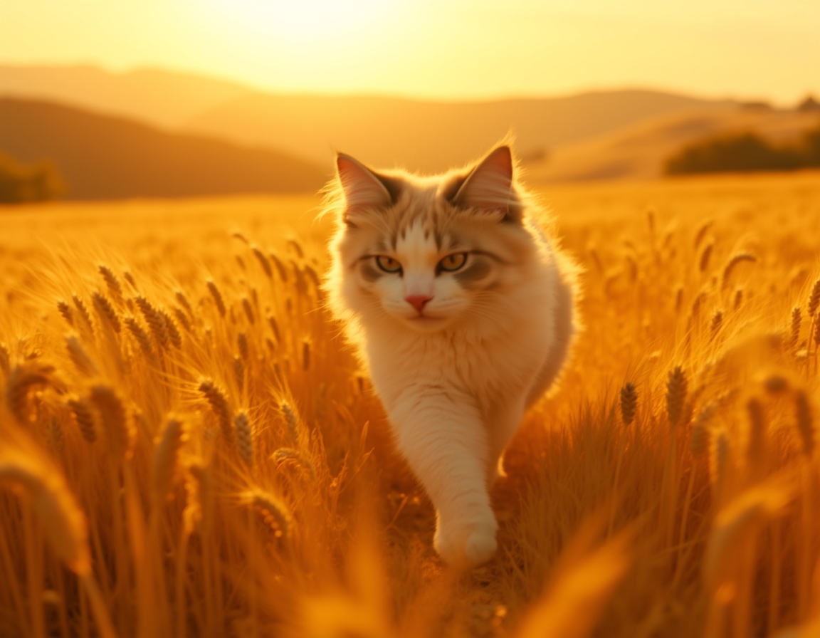 Cat sprints joyfully through a golden field, surrounded by waving wheat and warm light.